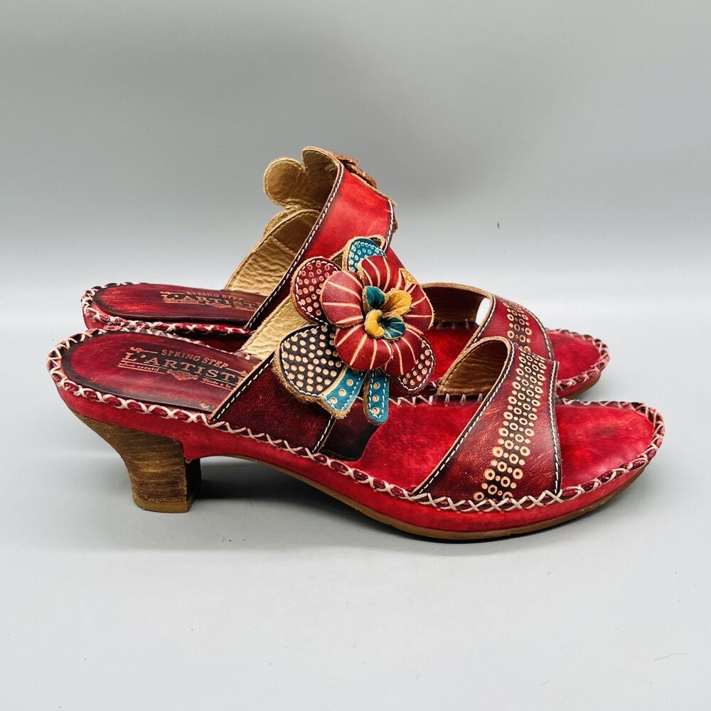 Spring Step L'Artiste Sandals Womens 8.5 Red Leather Oceanside Floral Shoes